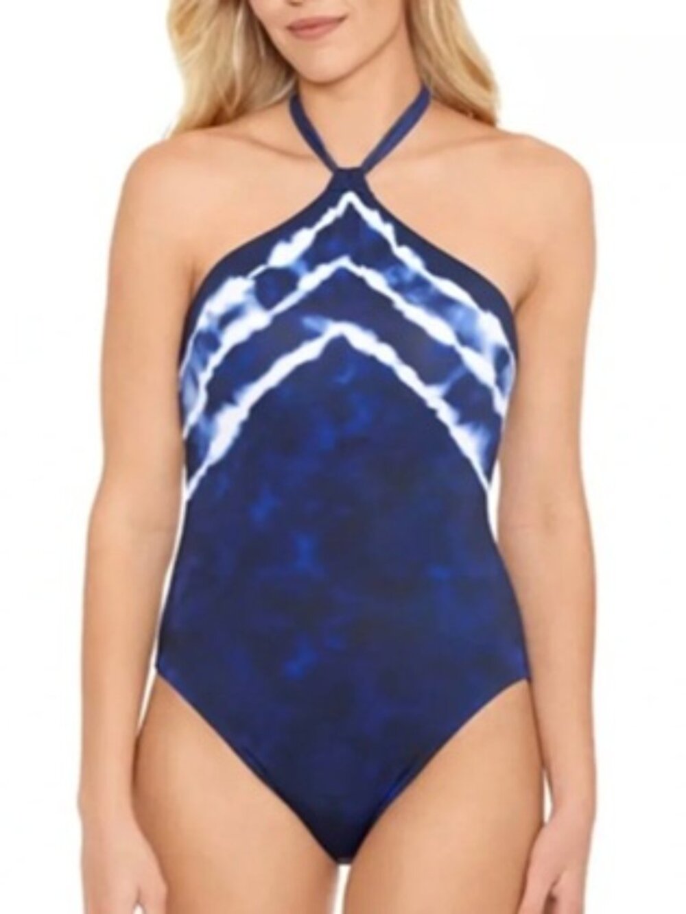 Lauren Ralph Lauren Navy & White Tie-Dye Halter One-Piece Swimsuit Size 10